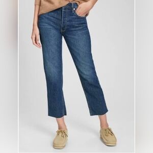 Gap High Rise Cheeky Straight Jeans In Dark Stillwell Wash Raw Hem Size 8 / 29R